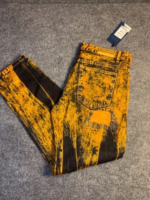 New Fashion Jeans Men's 36 Orange Black Patchwork Distressed Straight Leg Grunge