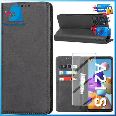 Handyhülle PU Leder Wallet Schwarz Klapphülle mit Schutzfolie für Galaxy A21S