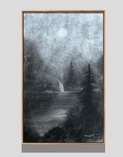 Charcoal Landscape Drawing - Waterfall and Moonlight at Night with Pine Trees