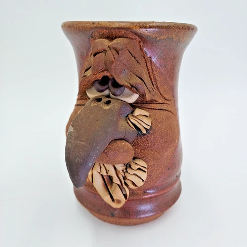 Vintage Signed MMS Mahon Ugly Funny Face 3D Stoneware Pottery Mug Long Nose Beak