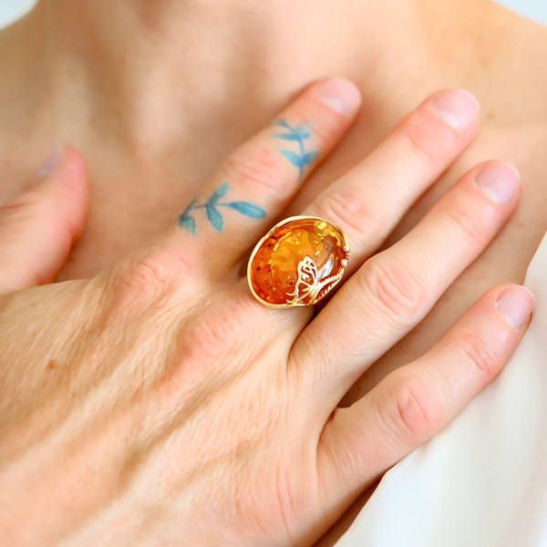 Alternate view of Baltic Cognac Amber Butterfly Ring 14k Gold Plated Sterling Silver Adjustable