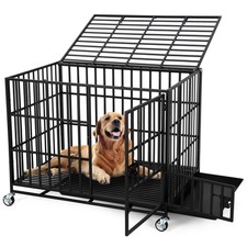 Heavy Duty Dog Crate 92-137cm, Heavy Duty Metal Dog Cage w/ 3 Doors and Tray