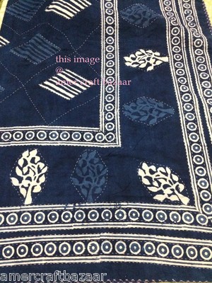 Queen Blue Indigo Kantha Quilt Indian Reversible Bedspread Bedding Throw Blanket