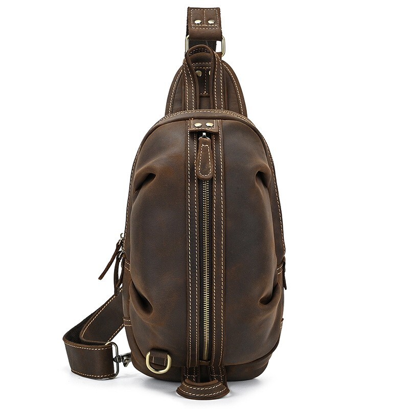 Men's Genuine Leather Retro Chest Bag Casual Shoulder Cowhide Crossbody Bag
