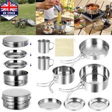8PCS Stainless Steel Compact Camping Outdoor Pots Bowls Plates Mugs Set Mess Kit
