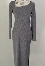 A New Day Women's Size M Brown Ribbed Midi Stretch Knit Dress Asymmetric Front