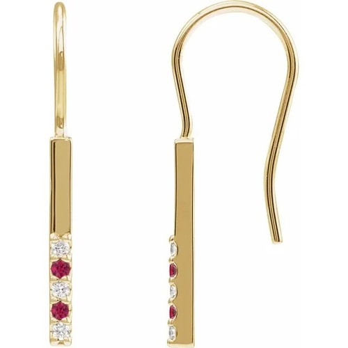 14K Yellow Gold Natural Ruby & .08 CTW Natural Diamond Bar Earrings - Picture 2 of 2