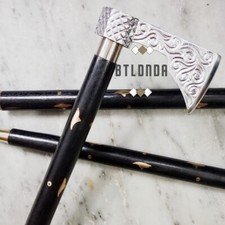 Handcrafted Antique Viking Axe Vintage Wooden Walking Stick Cane Present Men's