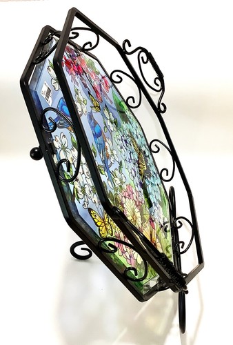 AMIA "Blue Skies" Stained Glass DISPLAY TRAY Wrought Iron Stand Birds Butterfly - Picture 3 of 19