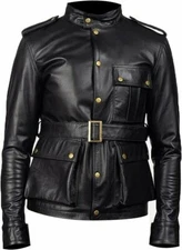 Men's German Military Black Leather Jacket Bomber Belted Lambskin Leather Jacket