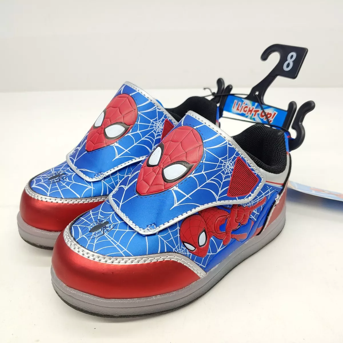 Spiderman Light Up Shoes Sneakers Child Boys Toddler Size 8 Blue Red Super Hero