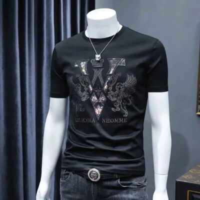 Fashion Lion Wing Ice Silk Embroidered Summer Short Sleeve Luxury Men T-Shirt