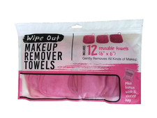 WIPE OUT Reusable Pink MAKEUP REMOVER TOWELS 6"x6"  BONUS Wash Bag 12 pk NWT