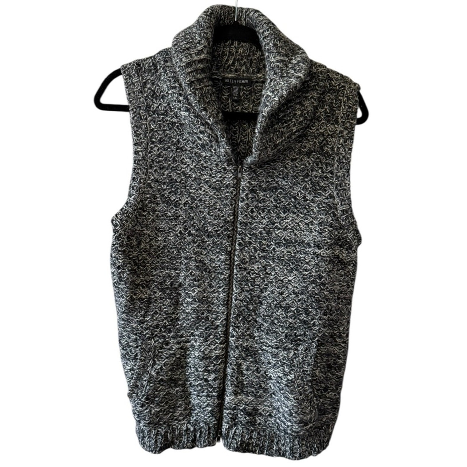Eileen Fisher Tweedy Yak Merino Wool Blend Knit Sweater Vest Full Zip Gray L