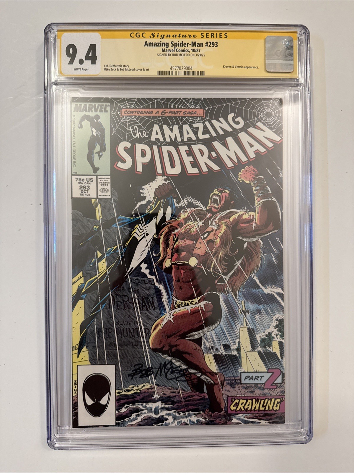 Amazing Spider-man (1987) # 293 (CGC 9.4 SS) Firmado Bob Mcleod * Marvel Comics