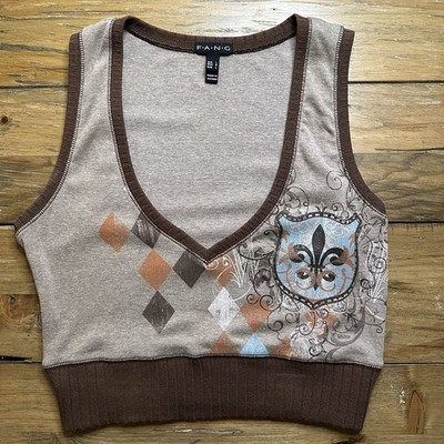Y2K LG Top Coquette Academia Preppy Argyle Sweater Vest V Neck Tank F.A.N.G. 
