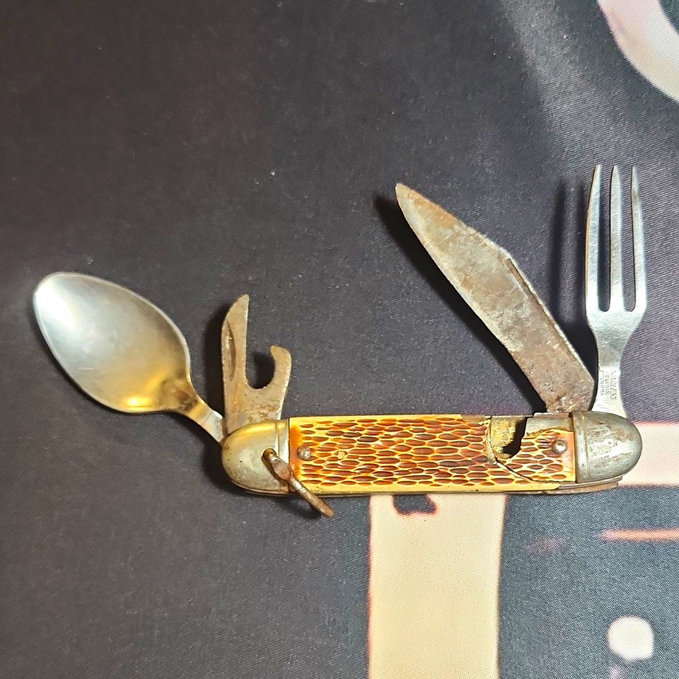 Vintage Colonial USA Camping Pocket Knife Hobo Multi Tool Folding Fork Spoon