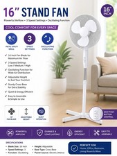 16 Inch Oscillating Stand Fan Ultra Quiet 3 Speed Adjustable Height Air Cooling