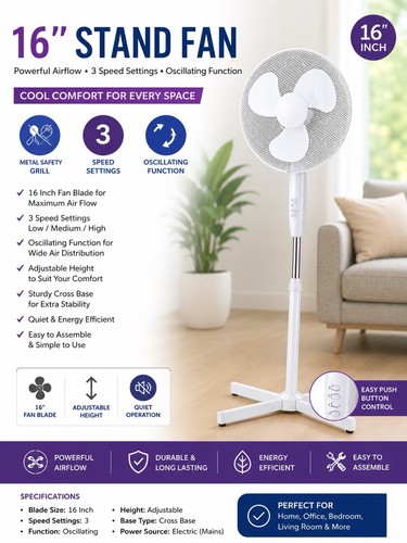 16 Inch Oscillating Stand Fan Ultra Quiet 3 Speed Adjustable Height Air Cooling