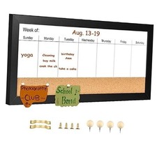 Magnetic Weekly Dry Erase White Board and Cork Board, 17"W x 7.5"H Black Frame