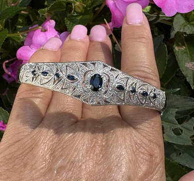Affinity Diamond Sterling Silver Art Deco Blue Sapphire & White Diamond Bangle
