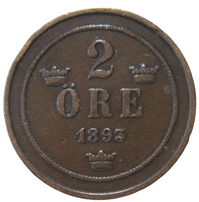 SWEDEN, 2 ORE, 1893. KING OSCAR II.