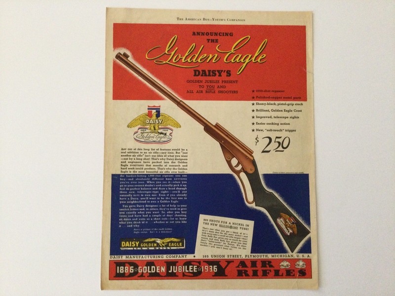 Vintage 1886-1936 Golden Jubilee Daisy Golden Eagle Color Air Rifle Print Ad