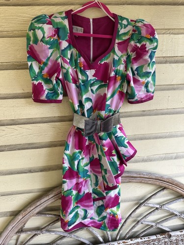 Ann Tobias 80er Kleid Blumenmuster Puffärmel Schulterpolster Stufenrock klassisch - Bild 9 von 17