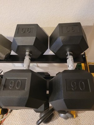 Slightly Used Life Fitness Rubber Coated 90lbs Hex Dumbbell Set of 2