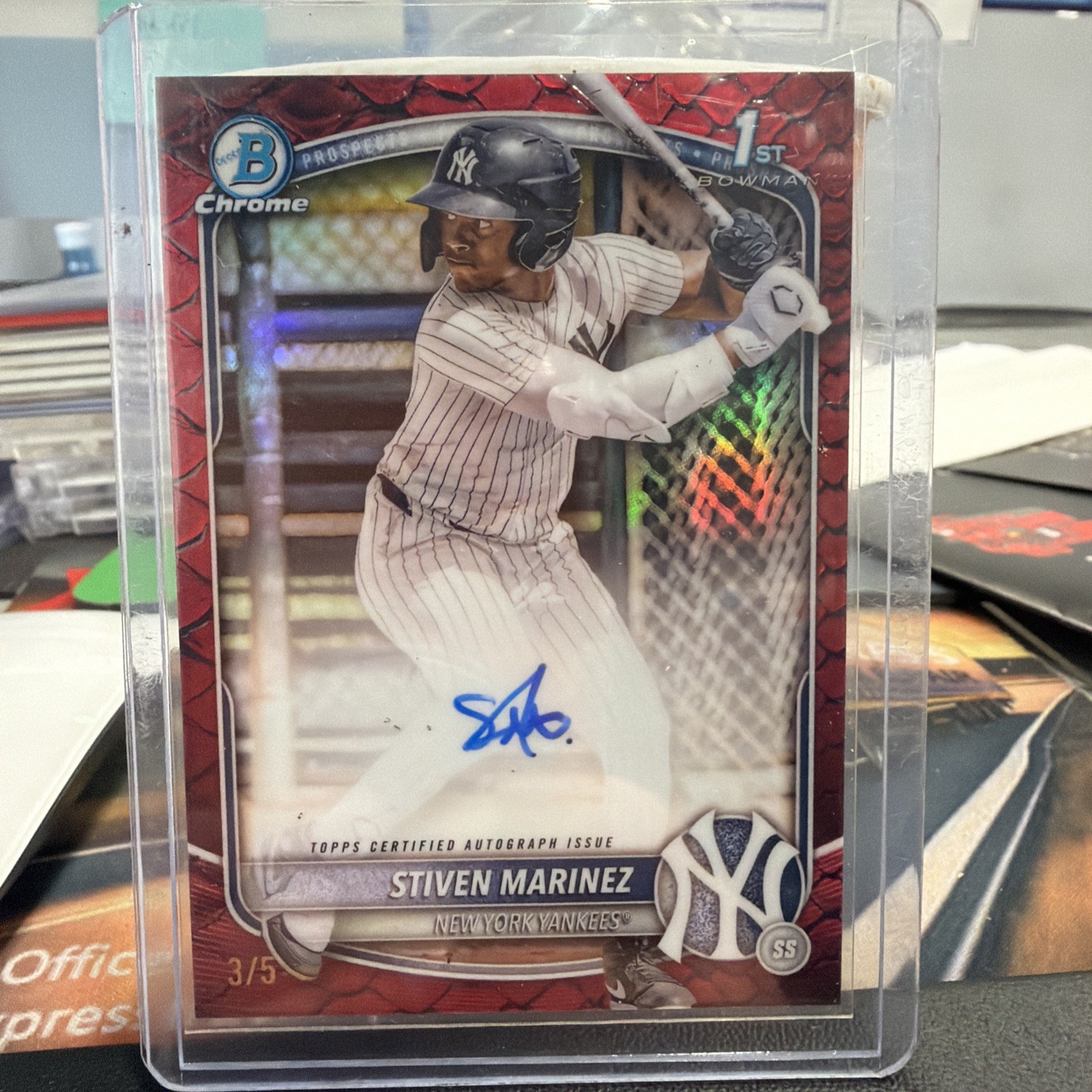 2025 Bowman Chrome Stiven Marinez 1st Bowman Red Reptilian Refractor Auto /5