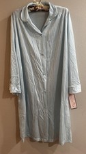 Vintage Sans Souci Satin Blue Button-Up Nightgown 1X Pockets NEW Plus Size