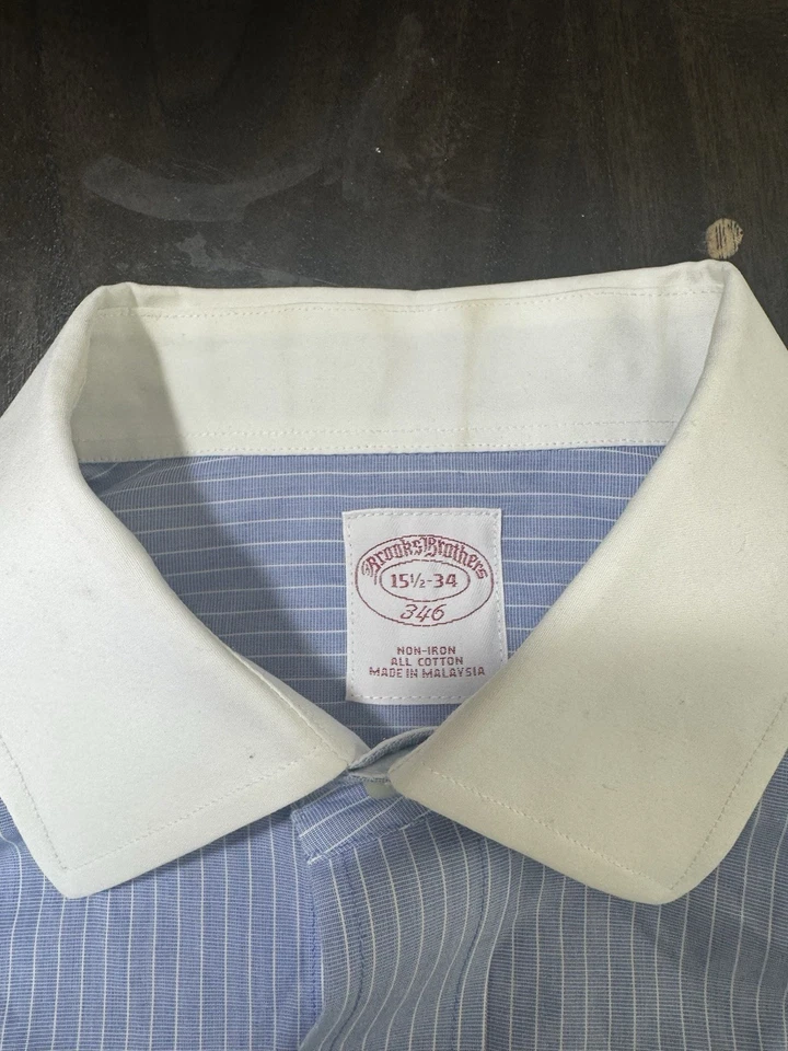 Brooks Brothers 346 в полоску французский манжеты мужской платье рубашка 15,5/34 синий не железо - Изображение 4 из 4