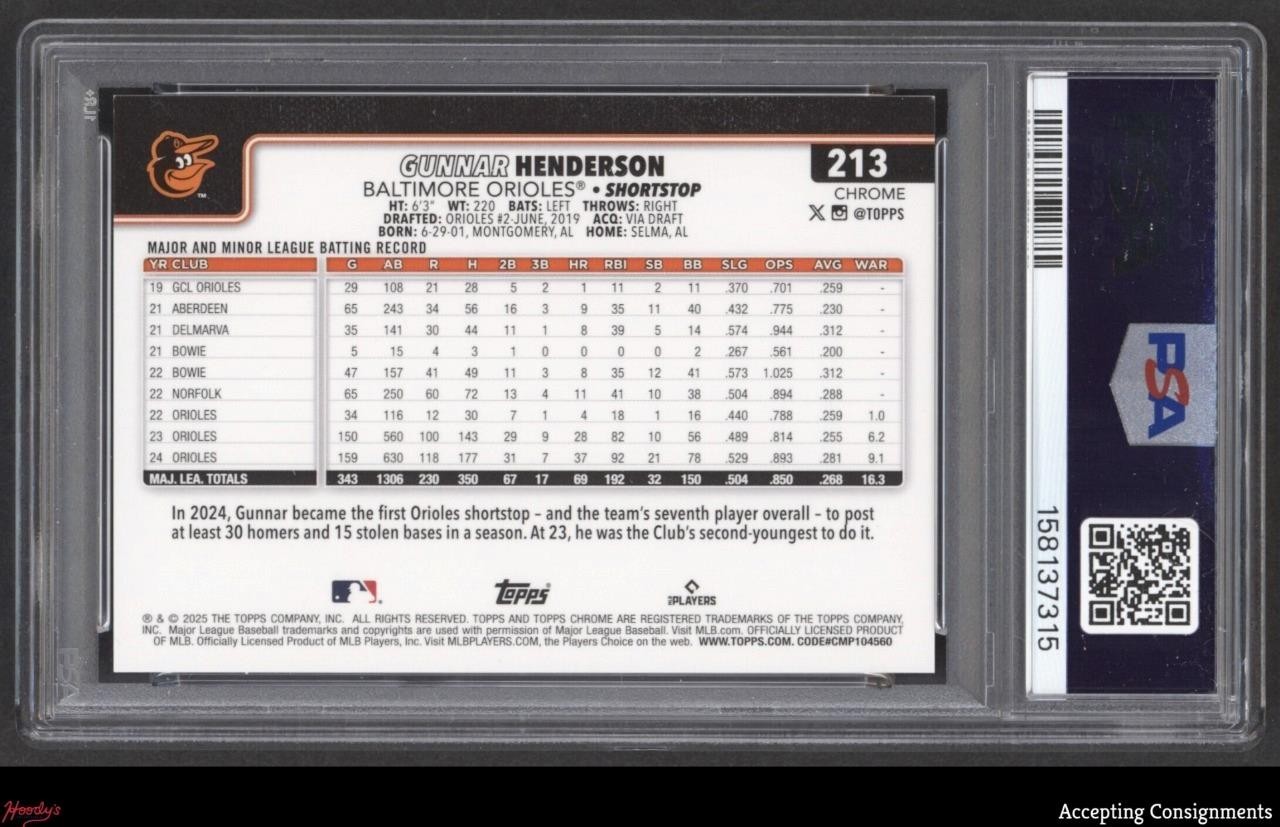 2025 Topps Chrome Variations Orange Speckle Refractor Gunnar Henderson /25 PSA 8 view 2