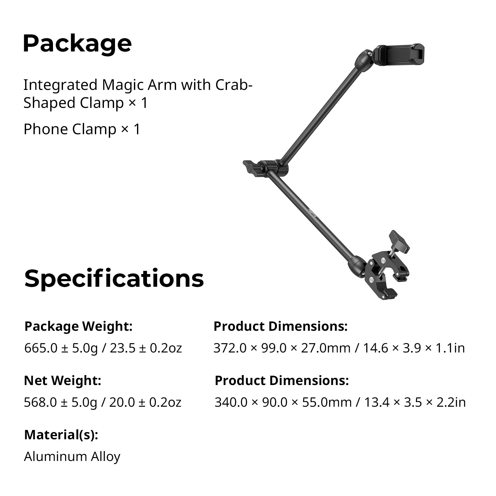 SmallRig 22" Magic Arm with Clamp Phone Mount Desk Camera Mount for Phone