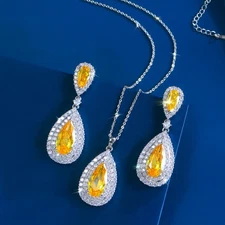 Silver Plated Long Teardrop Drop Earrings Necklace Women Zircon Jewelry Set Gift