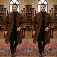 British Brown Wool Men's Overcoat with Cape Outdoor Casual Winter Warm Long Coat