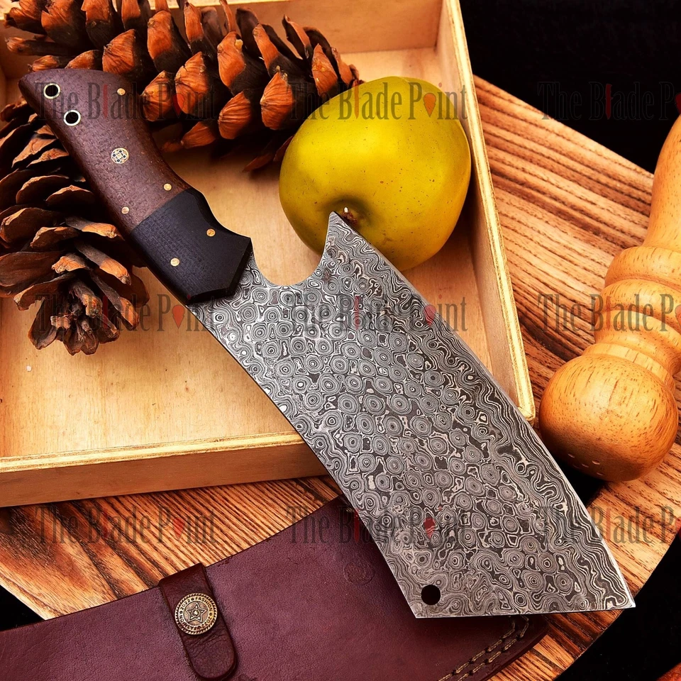 Handmade Damascus Steel Butcher Knife - Chef Cleaver Knife with Leather Sheath - Image 4 of 4