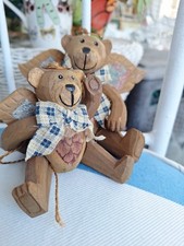 Cute Two Hand painted Folk Art Wooden Jointed Bear Angels Ornaments for display