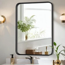 Bathroom Mirror for Wall, 36x24 Inch Rounded Rectangle Mirror, Black Metal Fr...