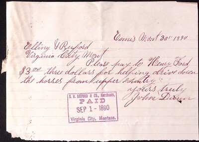 1890 Elling & Burford Pay Henry Ford for Driving Horses ENNIS MT Billhead