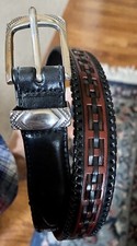 ITALIAN CALF LEATHER BLACK BROWN INTRICATE BELT 32