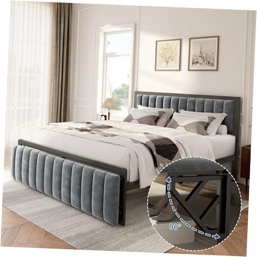 Queen Bed Frame with Foldable Footboard/Footstool, Heavy Duty Metal Platform