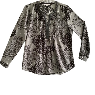 Daniel Rainn Blouse Women Medium Anika Faux Leather Trim Leopard Print