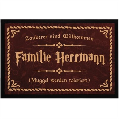 Doormat with name family saying wizards are welcome to become a muggle