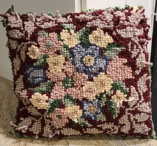 Vintage Wool Hook Handmade Floral Victorian Pillow  17x15" Red Pink Blue Green