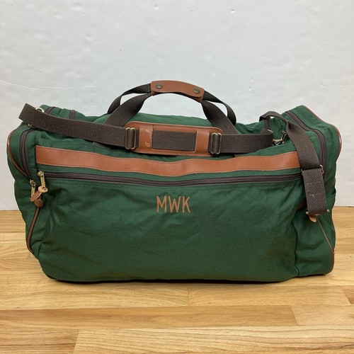 VTG LL Bean Rolling Canvas Leather Duffle Bag w/ Strap Green Travel 28x12.5x15