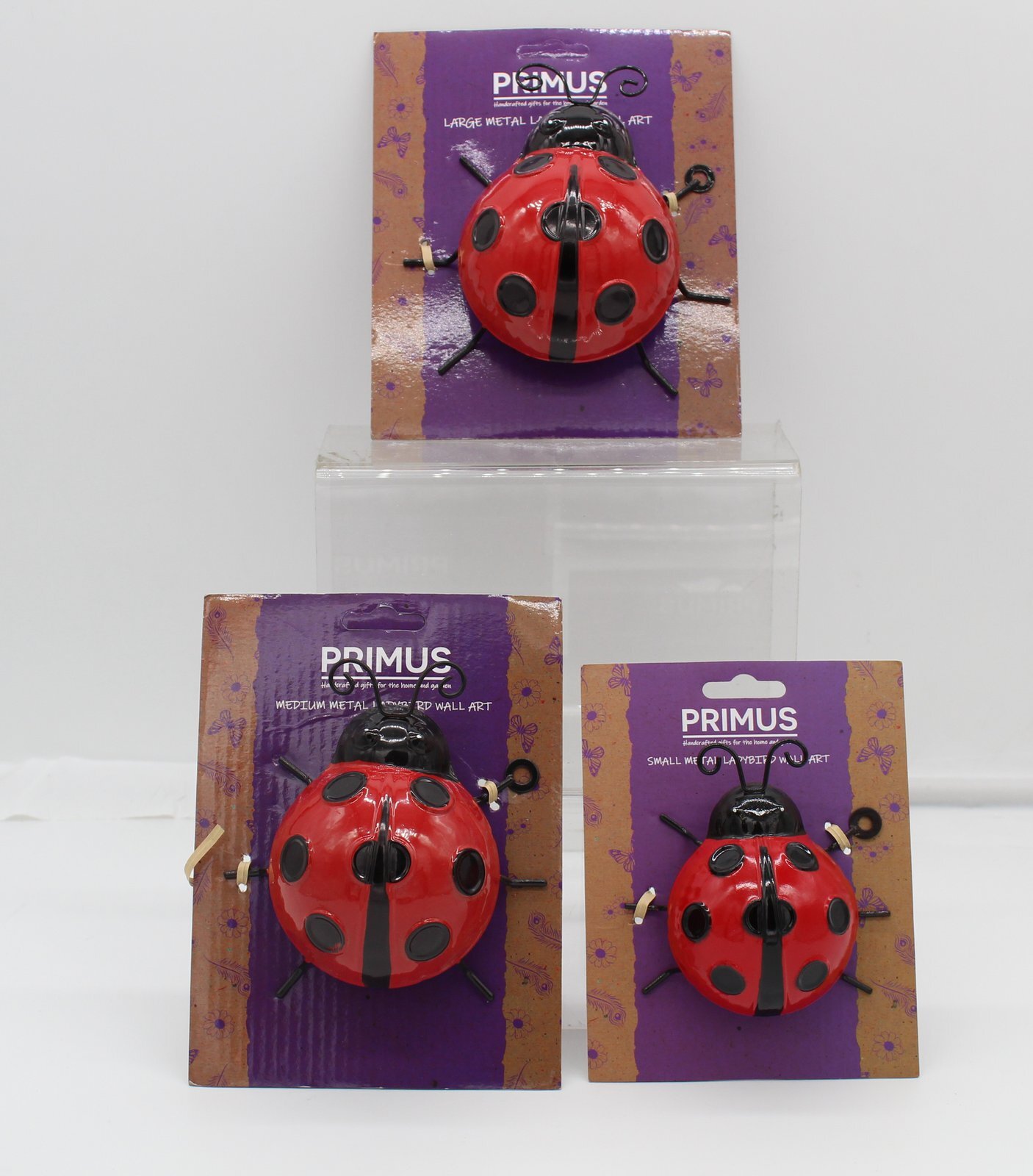 Set of 3 Primus Metal Ladybirds 3D Hanging Wall or Fence Art Garden Decor