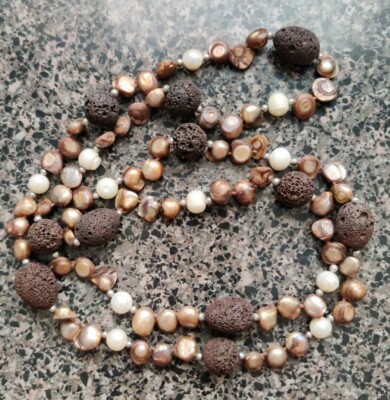 Lava Stone Freshwater Pearl Beaded 36'' Necklace Brown