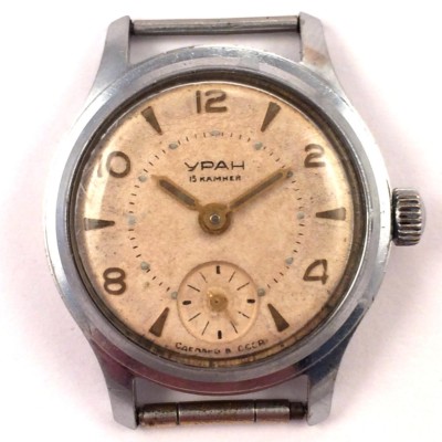 Early Soviet URAN WindUp Watch Creme Dial ChChZ 1950s Serviced *US SELLER* #1183