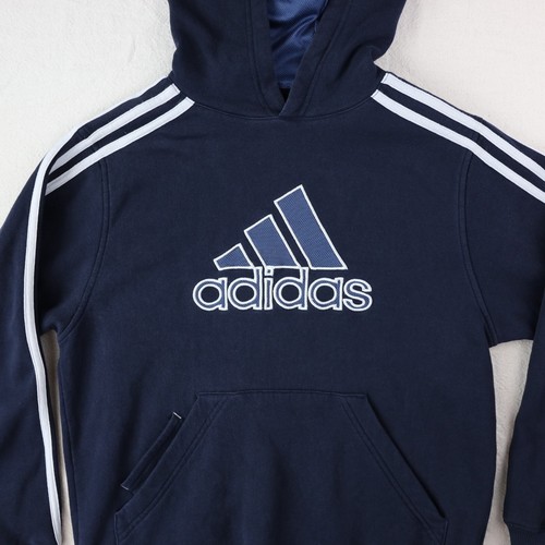 Adidas Sweatshirt Hoodie Shirt Boys M Classic Navy White Stripe Embroidered Kids - Picture 6 of 12